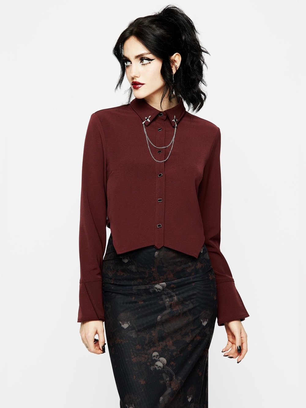 Disturbia Resurrection Cross Chain Collared Crop Shirt US 6 / UK 10